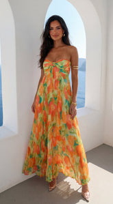 Nayira Floral Pleated Strapless Maxi Dress - Orange Multi
