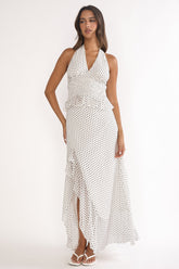 Caliah Ruffle Split Maxi Skirt Polka Dot Ivory