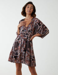 Paisley Wrap Front Pleated Kimono Sleeve Dress