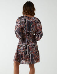 Paisley Wrap Front Pleated Kimono Sleeve Dress