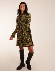 Shirred Trapeze Frill Neck And Sleeve Mini Dress