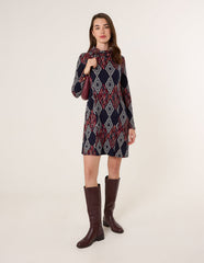 Printed Draped Cowl Neck Long Sleeve Dress