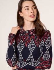 Printed Draped Cowl Neck Long Sleeve Dress
