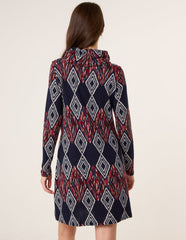 Printed Draped Cowl Neck Long Sleeve Dress
