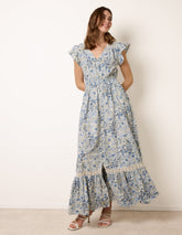 Ditsy Floral Print Shirred Waist Button Front Maxi Dress