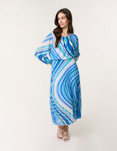 Swirl Print Pleated Round Neck Dress