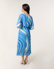 Swirl Print Pleated Round Neck Dress