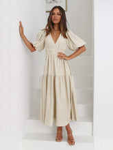 KIMONA SMOCKED SHORT SLEEVE MAXI DRESS - BEIGE