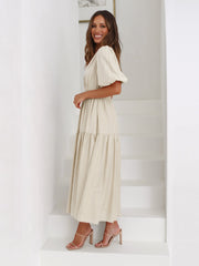 KIMONA SMOCKED SHORT SLEEVE MAXI DRESS - BEIGE