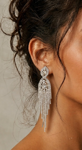 Rhinestone Long Drop Statement Earrings - Silver