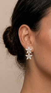 Rosalie Twin Flower Rhinestone Stud Earrings - Gold