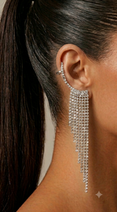 Rhinestone Silver Long Fringe Climber Earrings