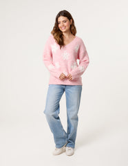 V Neck Flower And Pearl Jumper