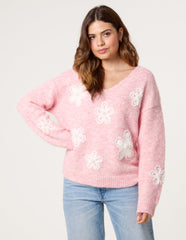V Neck Flower And Pearl Jumper