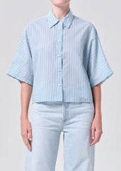 Agolde Merrin Shirt In Wirrel Stripe Powder Blue