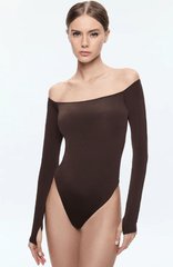 Alice + Olivia Anna Off Shoulder Bodysuit in Espresso