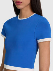 Alice + Olivia Ciara Cropped Pullover in Blue Iris/Soft White