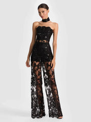 Alice + Olivia Georgie Embellished Lace Jumpsuit in Black