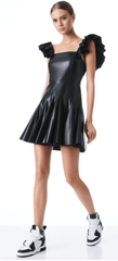 Alice & Olivia Ginny Ruffle Sleeve Vegan Leather Dress in Black