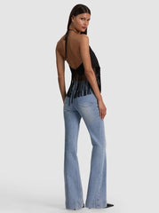 Alice + Olivia Greta Halter Handkerchief Fringe Top in Black