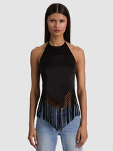 Alice + Olivia Greta Halter Handkerchief Fringe Top in Black