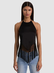 Alice + Olivia Greta Halter Handkerchief Fringe Top in Black