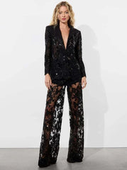 Alice + Olivia Judith Embellished Sheer Lace Blazer in Black