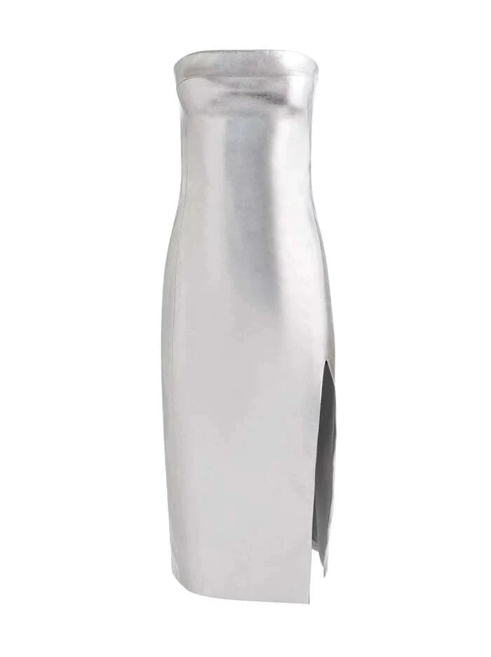 Alice + Olivia Kelly Shiny Vegan Leather Midi Dress in Silver