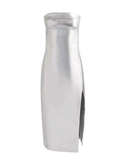 Alice + Olivia Kelly Shiny Vegan Leather Midi Dress in Silver
