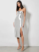 Alice + Olivia Kelly Shiny Vegan Leather Midi Dress in Silver