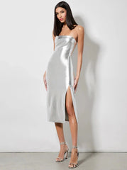 Alice + Olivia Kelly Shiny Vegan Leather Midi Dress in Silver