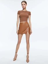 Alice + Olivia Siobhan Vegan Wrap Mini Skirt in Camel