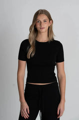 Archer Cashmere Sage Rib Tee in Black