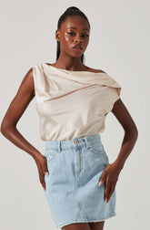 ASTR Ceres Satin Off Shoulder Top in Champagne