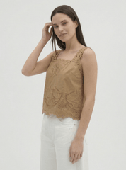 Berenice Crista Embroidery Tank in Camel