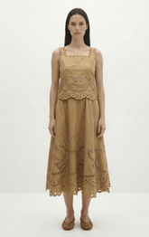 Berenice Juliana MIdi Embroidery Skirt in Camel