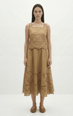 Berenice Juliana MIdi Embroidery Skirt in Camel