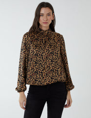 High Neck Leopard Print Satin Blouson Top