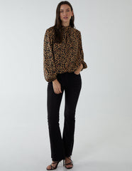 High Neck Leopard Print Satin Blouson Top