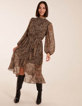 Leopard Print High Neck Wrap Frill Hem Midi Dress