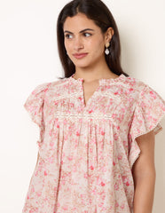 Ditsy Floral Cotton Ruffle Sleeve Top