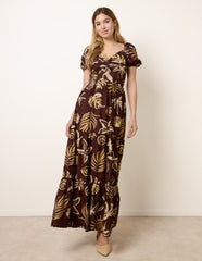 Shell Knot Front Puff Sleeve Midi Dress