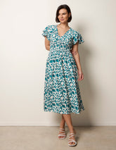 Printed V Neck Frill Sleeve Midi Dress