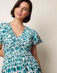 Printed V Neck Frill Sleeve Midi Dress