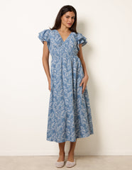 V Neck Flutter Midi Dress