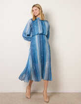 Zig Zag Metallic High Neck Puffball Pleated Dress