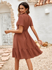 EMILIANA SHORT SLEEVE BABYDOLL MINI DRESS - CARAMEL