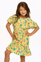 Chaser Kids Tiered Dress in Lemon Tropical Floral