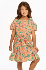 Chaser Kids Tiered Dress in Peach Tropical Floral