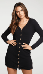 Chaser Rib Button Down Cardigan Dress in True Black